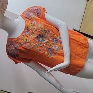 Solitaire Embroidered Colorful Floral Printed Bright Orange Top Size Large